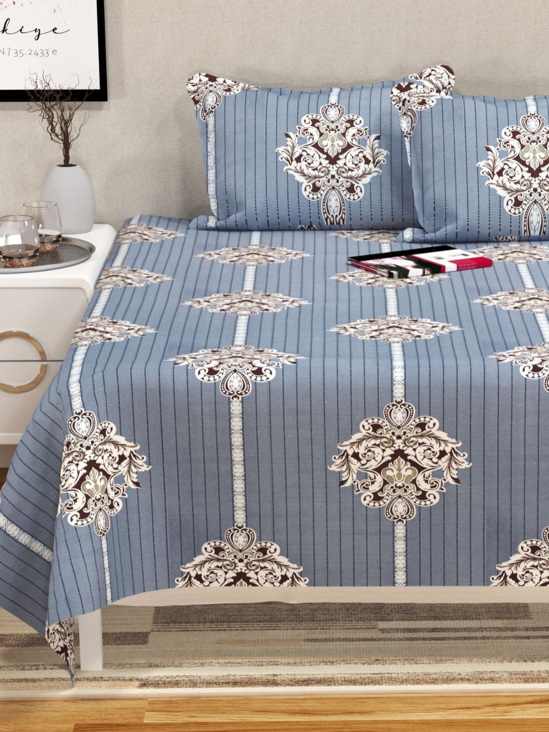 San Marino Blue & White Floral Printed Cotton 350 TC Queen Bedsheet Set- 2.54 m x 2.28 m