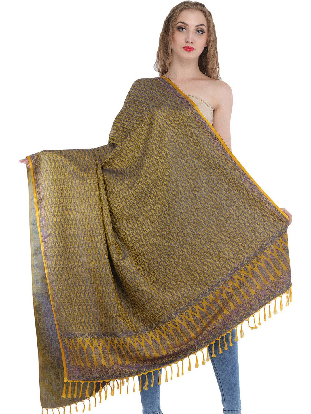 Exotic India Brocaded Dupatta From Banaras With Tanchoi Weave All-Over