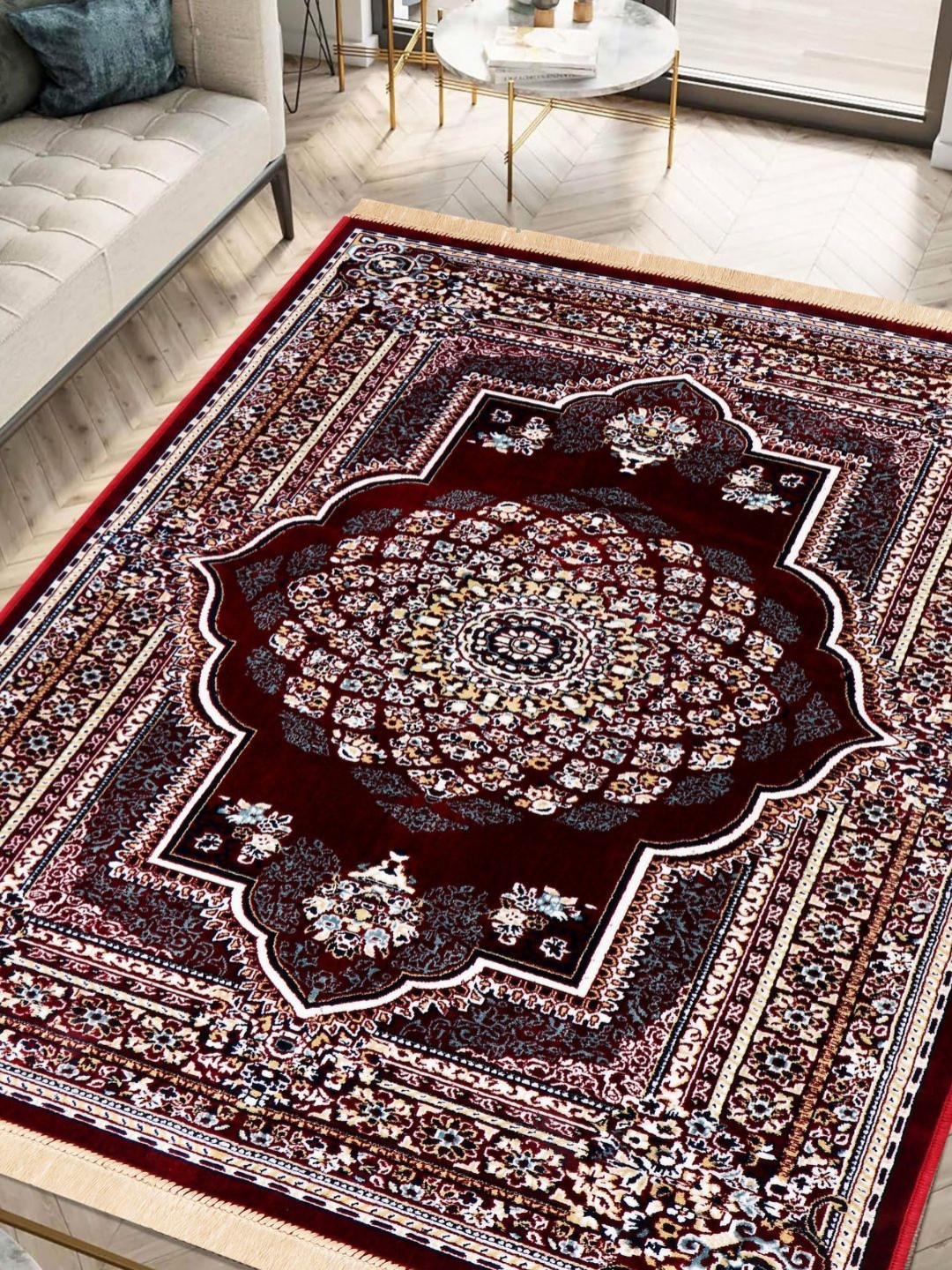 San Marino Maroon Ethnic Motifs Printed Traditional Anti-Skid Chenille Carpet