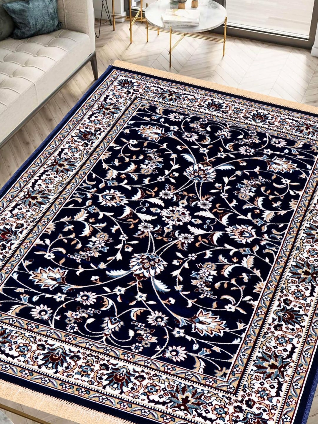 San Marino Navy Blue Ethnic Motifs Printed Traditional Anti-Skid Chenille Carpet