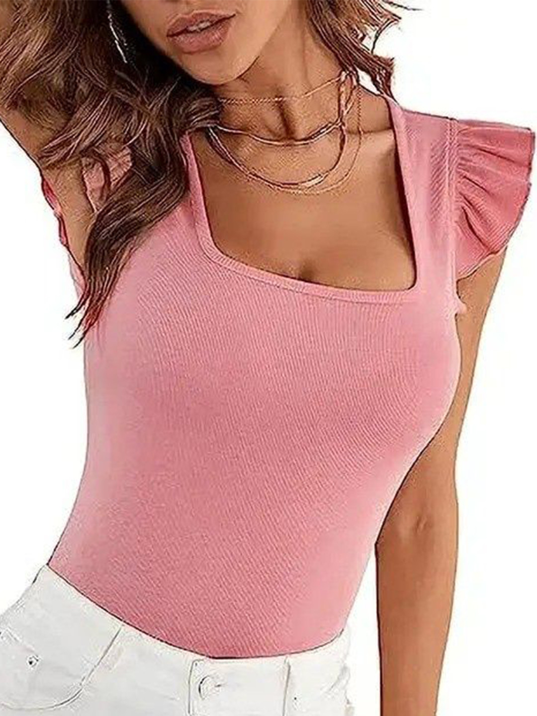 Projas Women Square Neck Flutter Sleeve Casual Crop Top