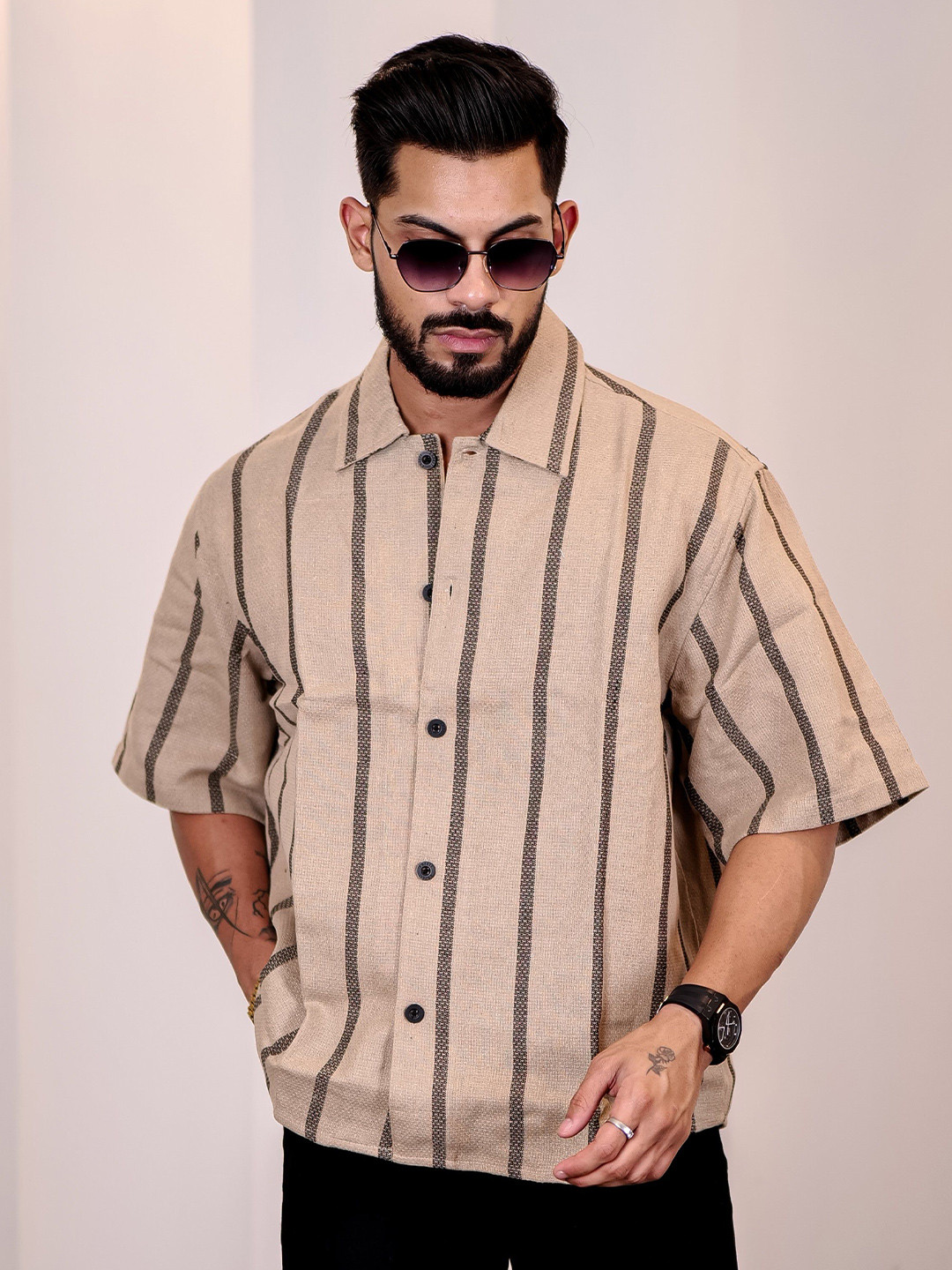 Eszett Striped Spread Collar Jute Oversized Casual Shirt