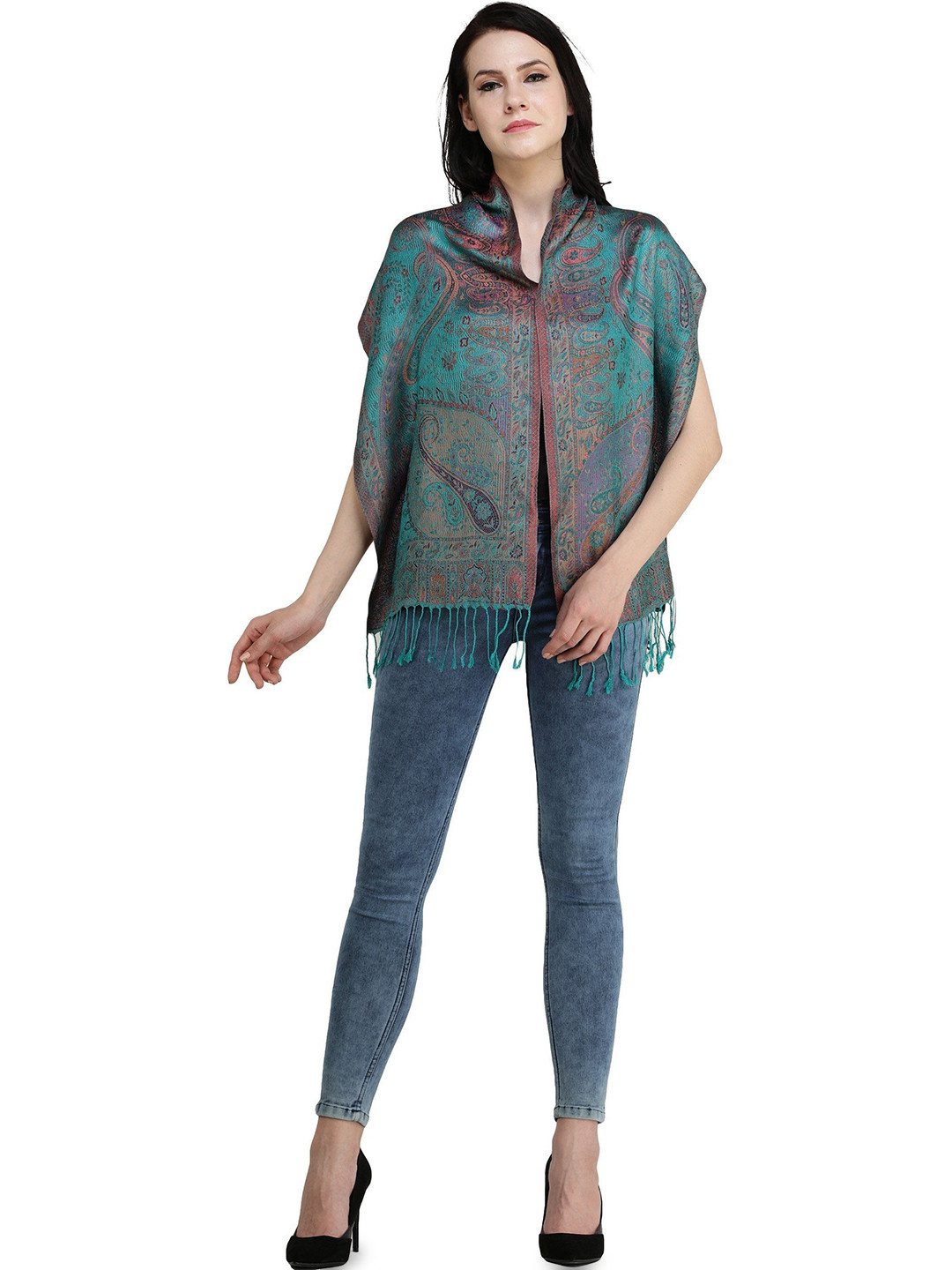 Exotic India Women Super Silk Jamawar Scarf with Woven Paisleys