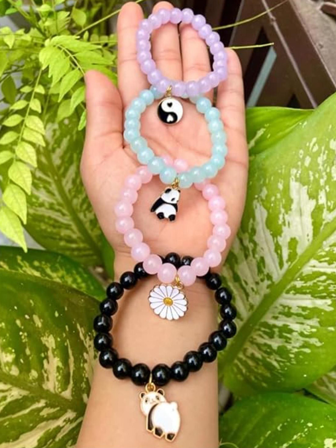 DN ENTERPRISES Set Of 4 Crystals Studded Panda Charm Elasticated Bracelet