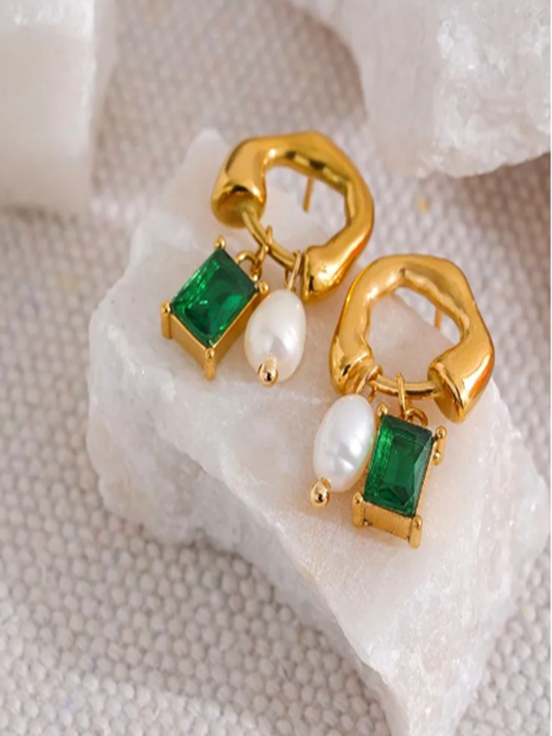 TEULRIP Gold-Plated Cubic Zirconia Studded Square Shaped Drop Earrings