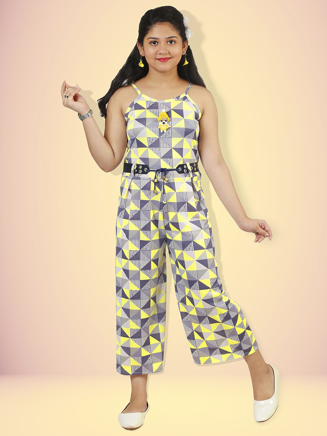 KRISHTINA Girls Colourblocked Waist Tie-Up Sleeveless Jumpsuit