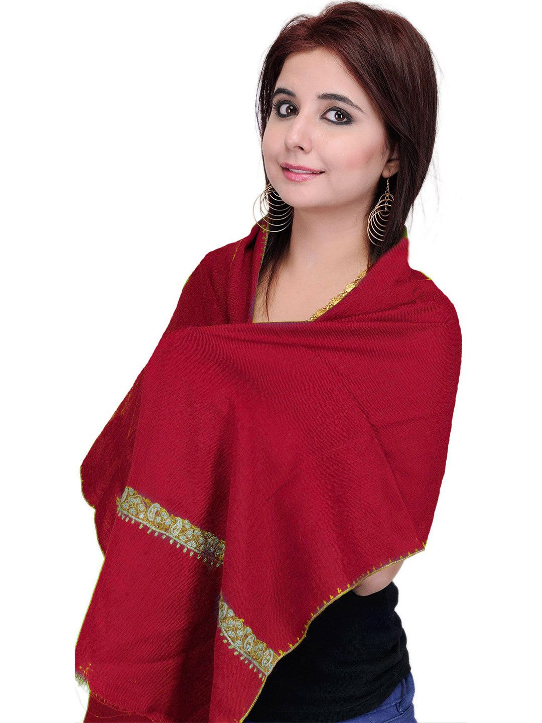 Exotic India Women Tusha Scarves from Kashmir with Sozni Embroidered Border