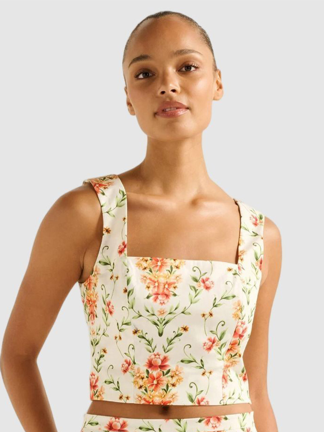 Forever New Floral Print Shoulder Straps Square Neck Cotton Tank Crop Top