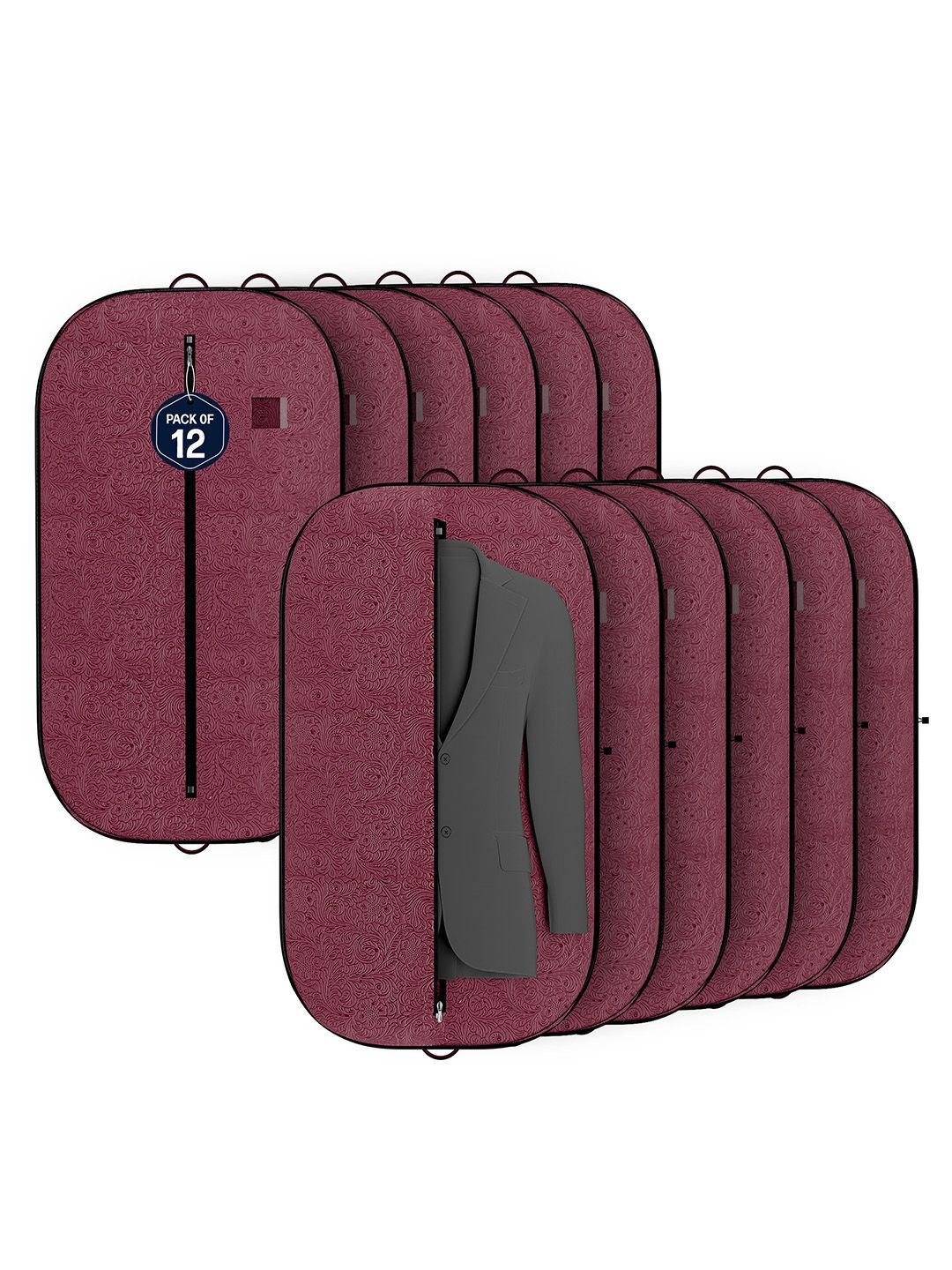 Kuber Industries Maroon & Black 12 Pieces Printed Non-Woven Suit Organisers With Zip