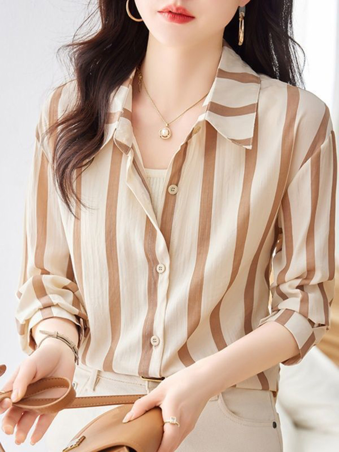 Outzidr Women Striped Button Down Shirt