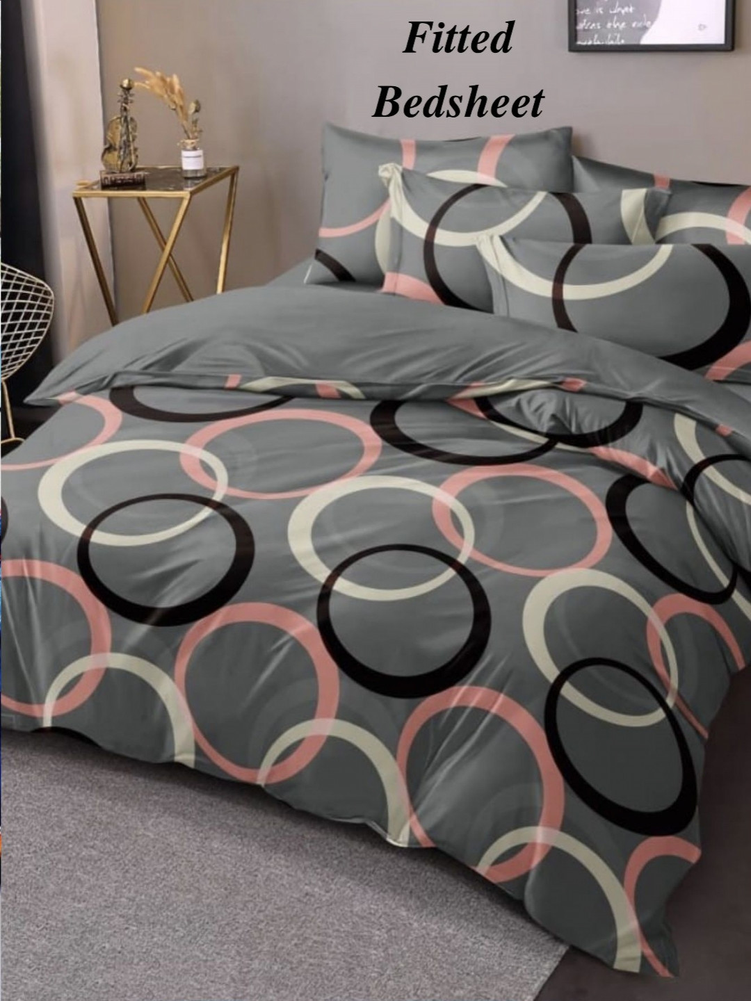 Aura Grey & Pink Geometric 350 TC King Fitted Bedsheet Set 2.55m x 2.25m