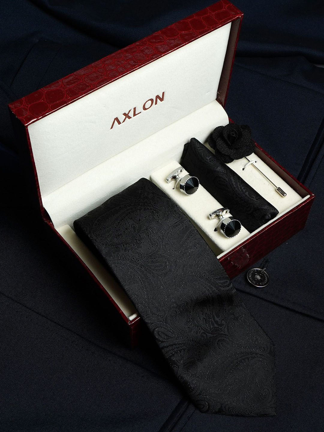 AXLON Men Accessory Gift Set of Paisley Tie Set with Pocket Square, Cufflink & Flower Pin