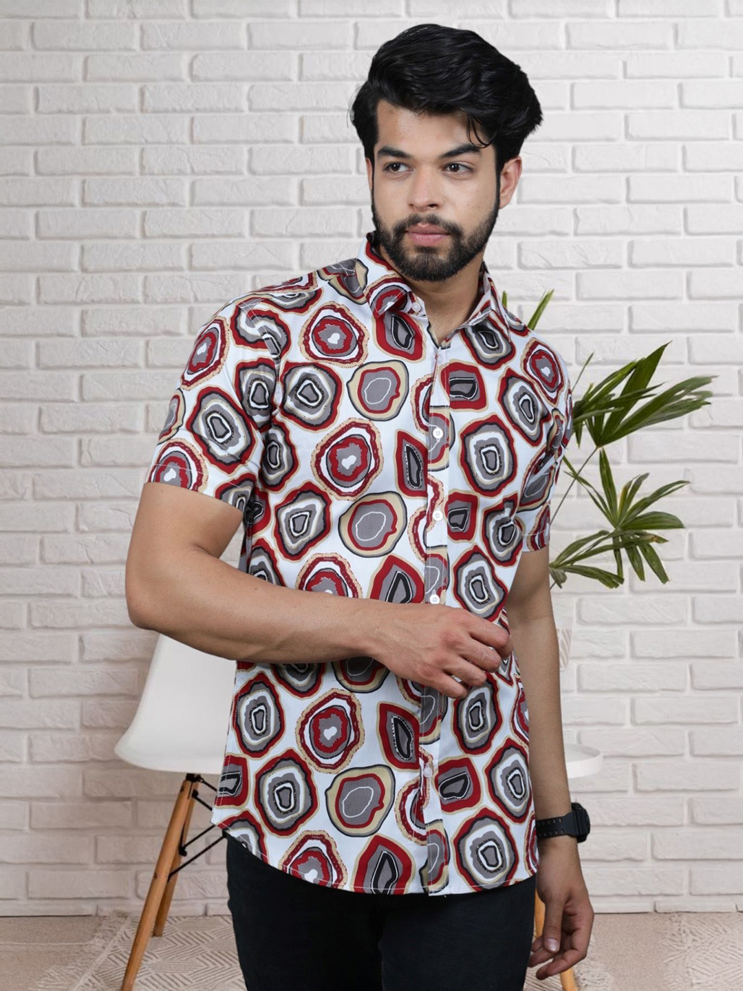 BASE 41 Standard Geometric Printed Spread Collar Shirt