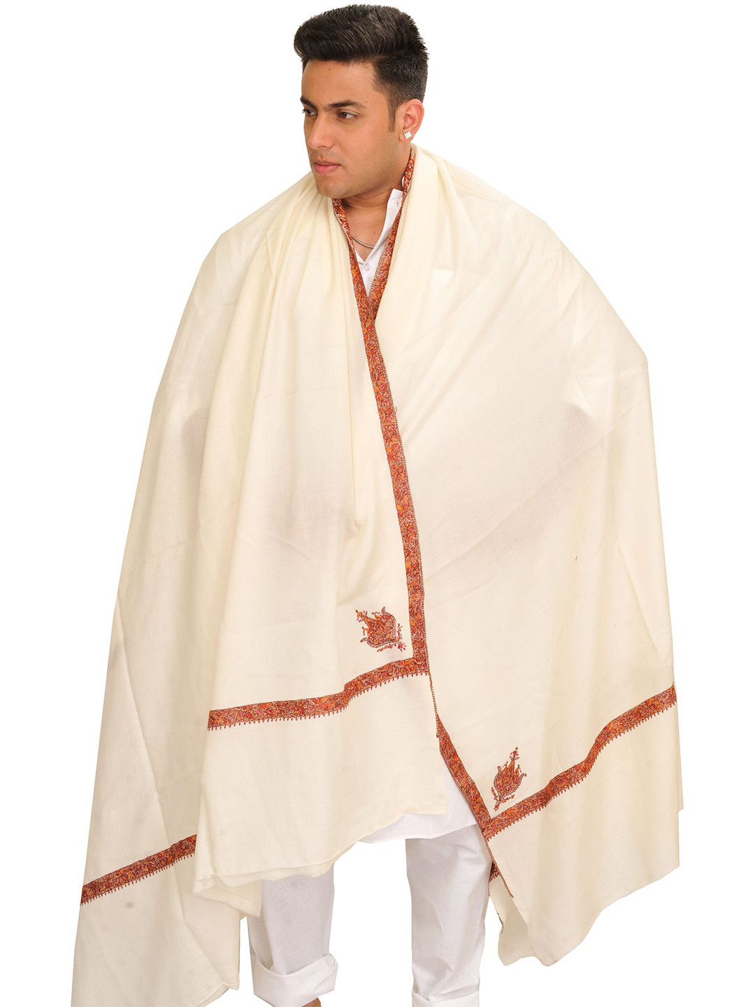 Exotic India Tusha Pure Wool Shawl With Sozni Embroidered Borders