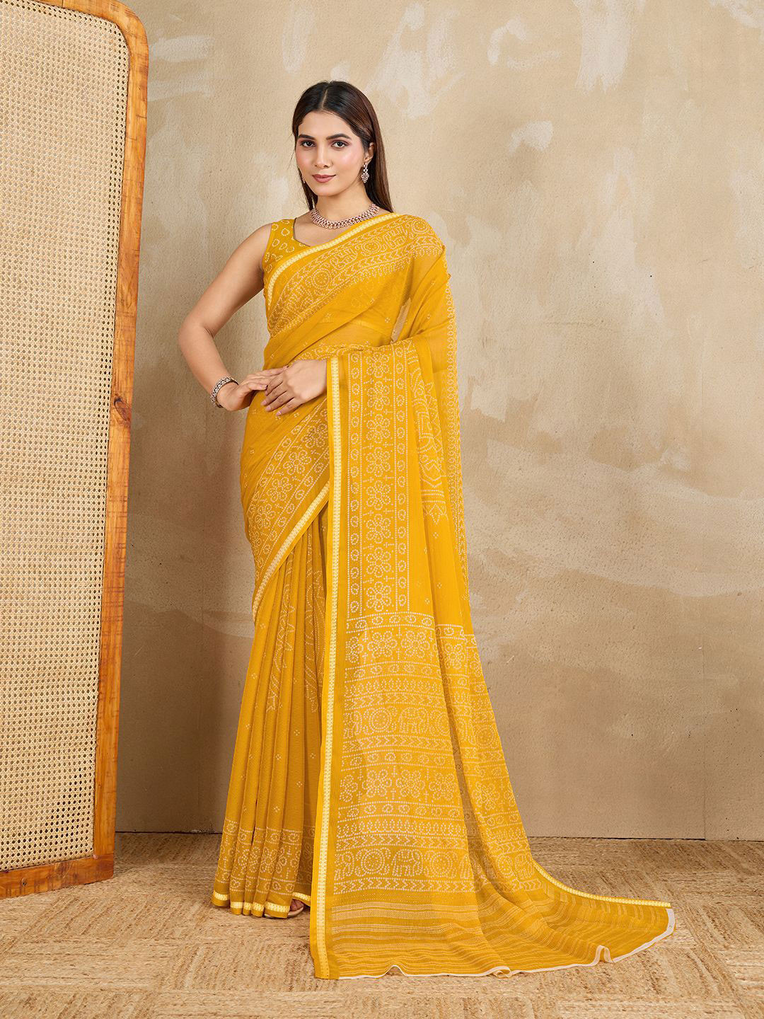 Mitera Bandhani Printed Zari Pure Chiffon Saree