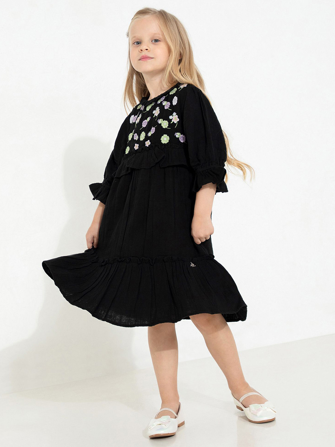 Cherry Crumble Girls Floral Embroidered Bell Sleeve Ruffles Pure Cotton Fit & Flare Dress