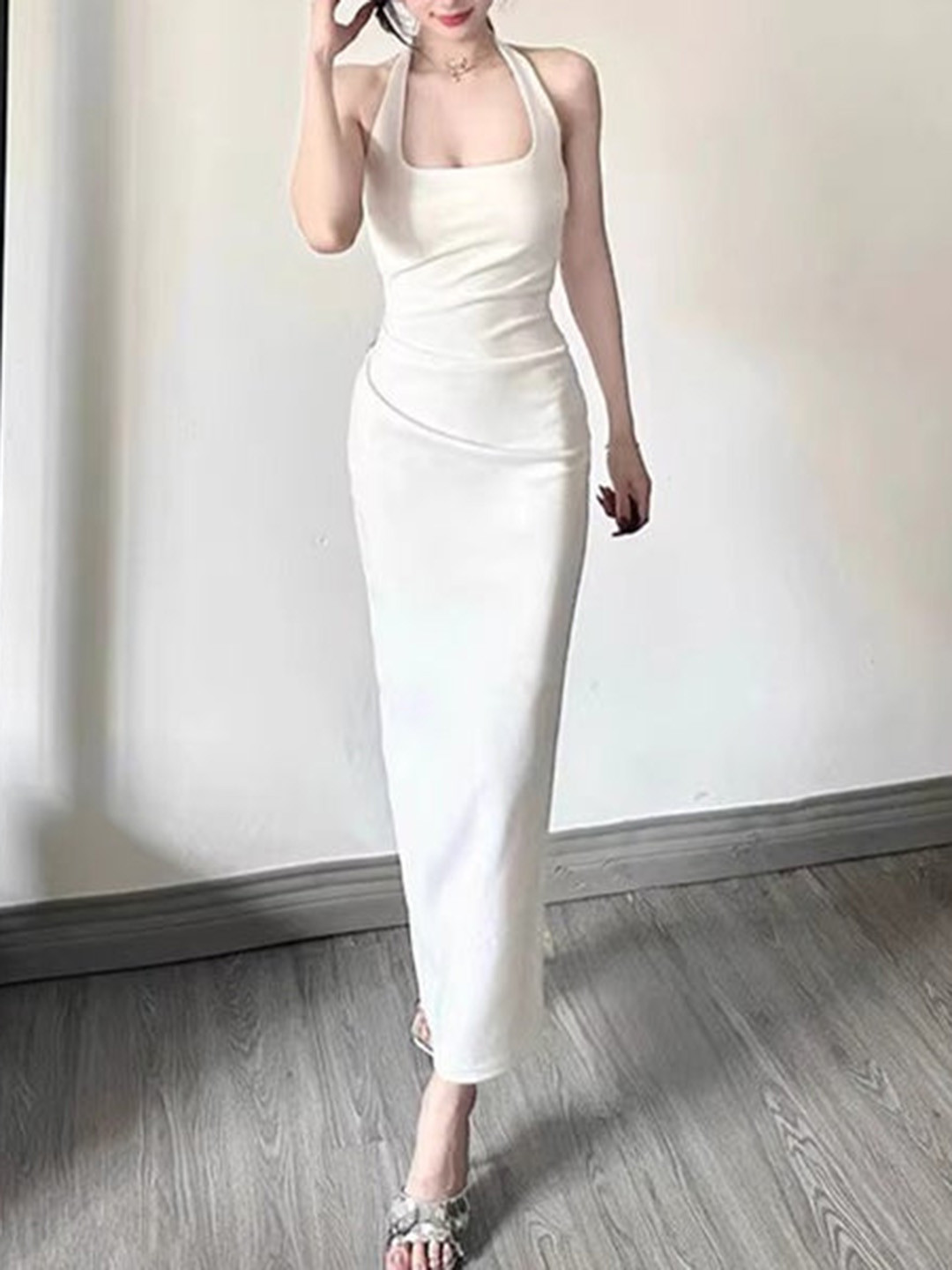 Outzidr Women Solid Fitted Halter Neck Dress