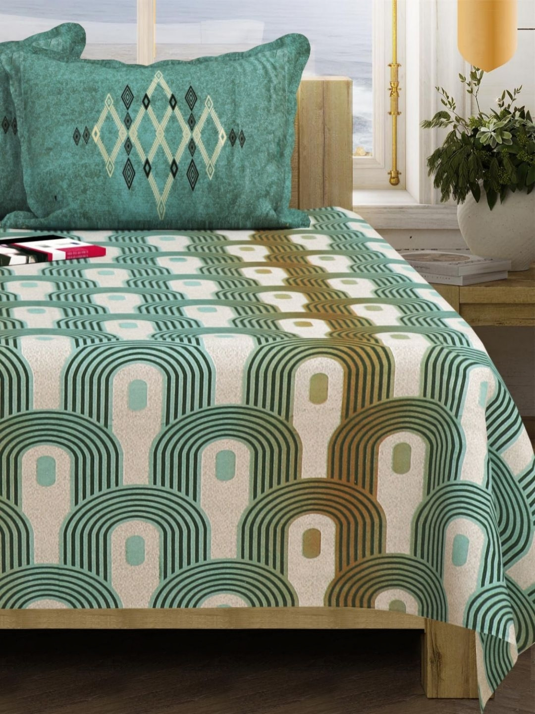 San Marino Green & White Printed Cotton 350 TC Queen Bedsheet Set- 2.54 m x 2.28 m