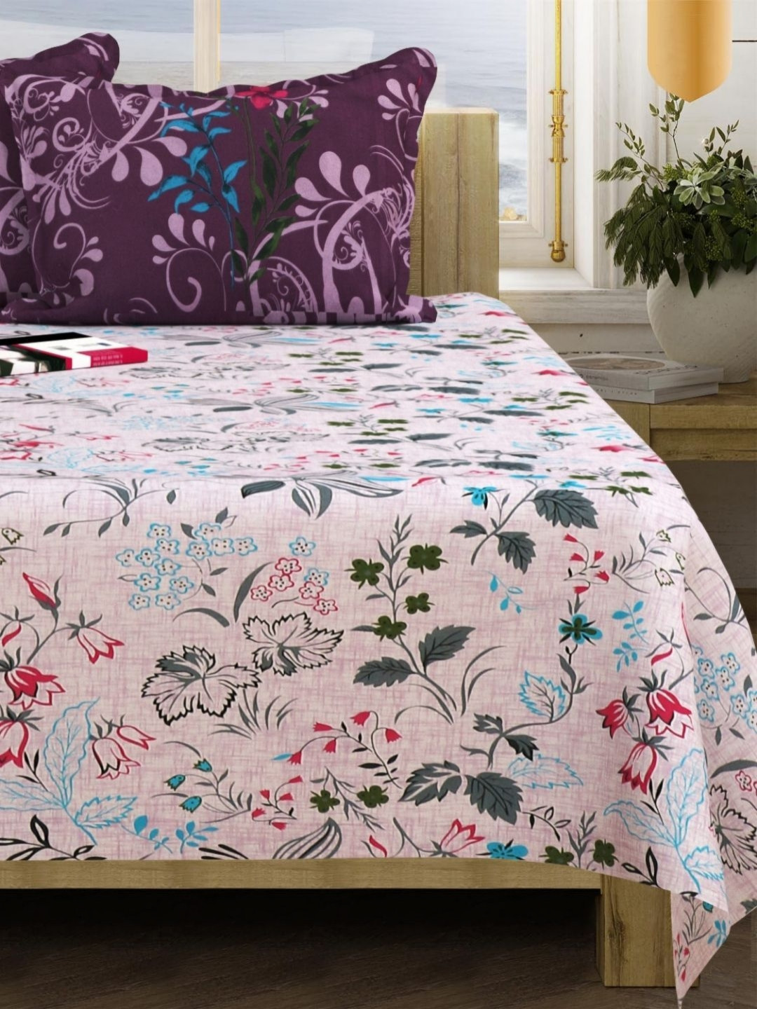 San Marino Pink & Green Floral Printed Cotton 350 TC Queen Bedsheet Set- 2.54 m x 2.28 m