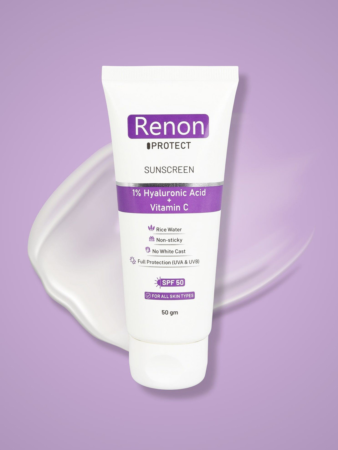 Renon Sunscreen SPF50 PA+++ With 1% Hyaluronic Acid & Vitamin C - 50 g