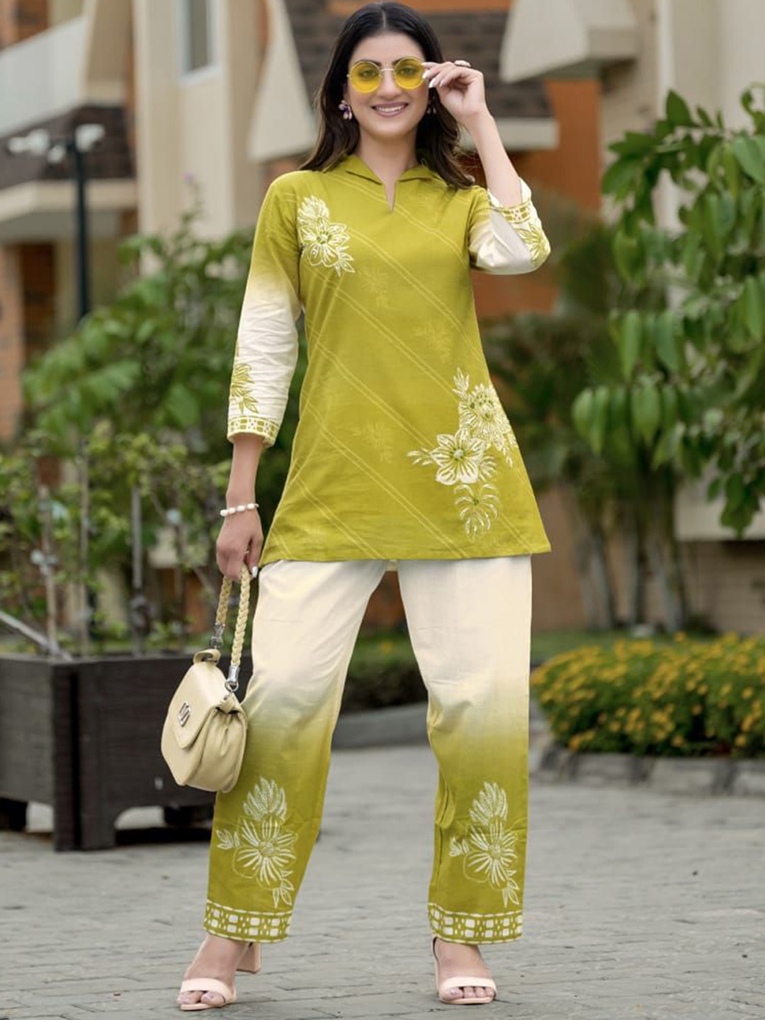 ASILYN Embroidered Pure Cotton Collar Neck Top With Trousers Co-Ords