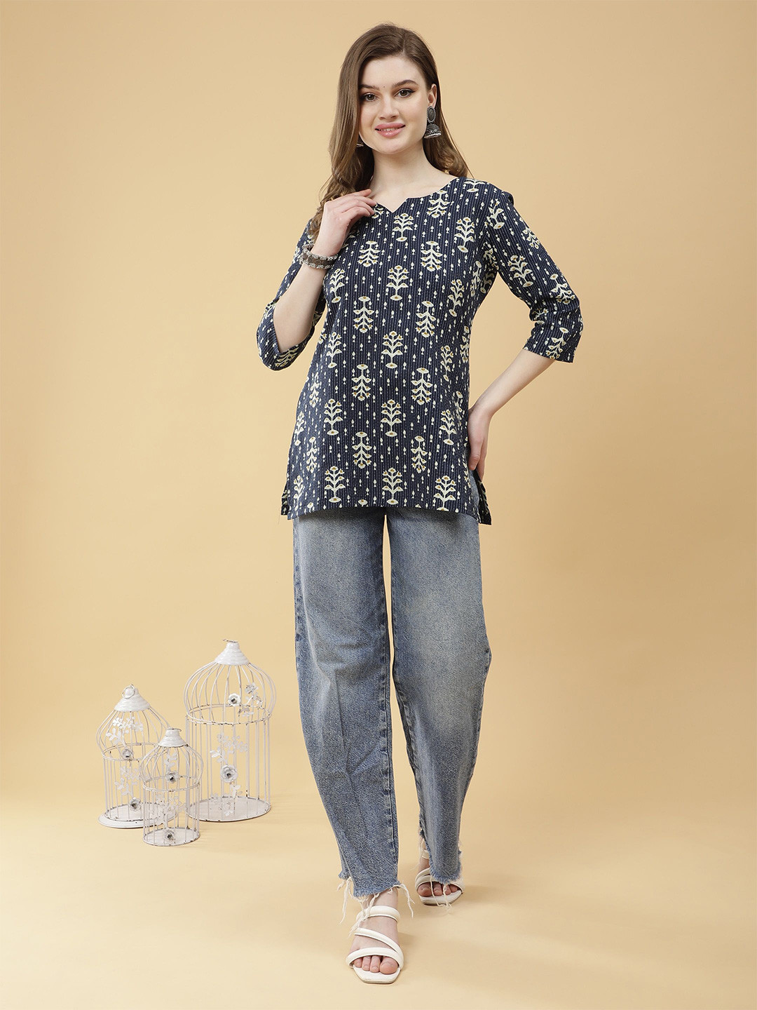 Dogman Women Geometric Print Ethnic Cotton Top