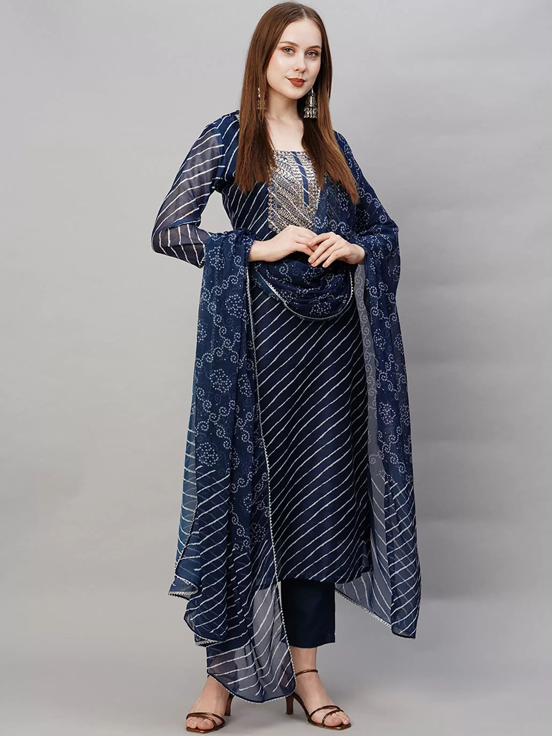 Royal Export Leheriya Printed Gotta Patti Straight Kurta With Trouser & Dupatta