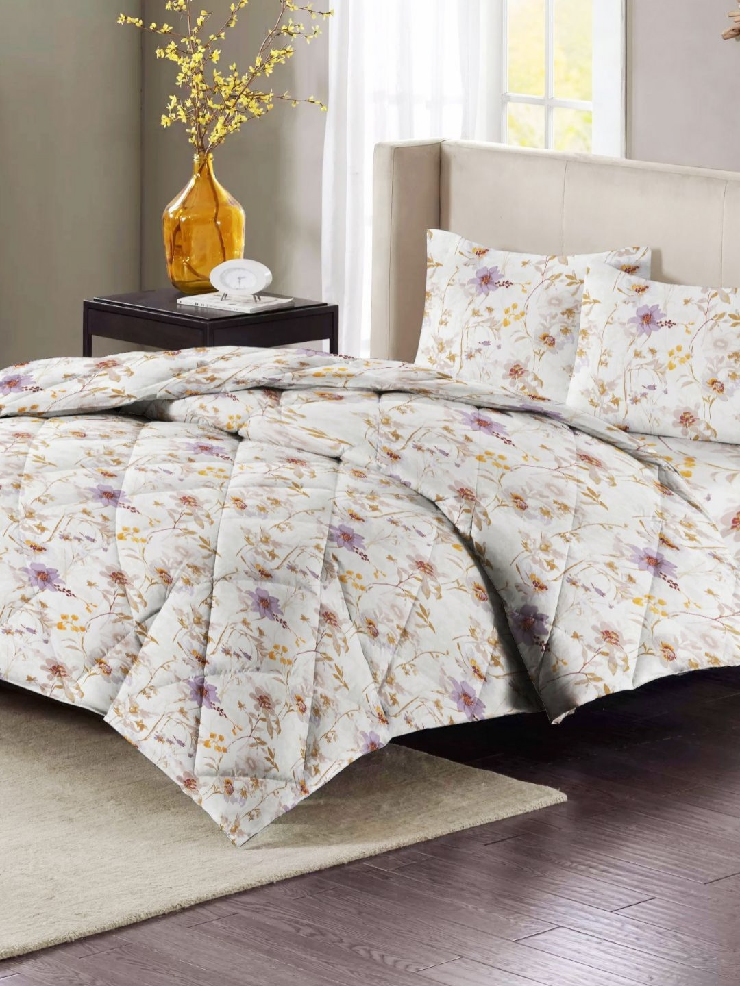 San Marino White & Grey Floral Cotton 4 Piece Double King Superfine Bedding Set