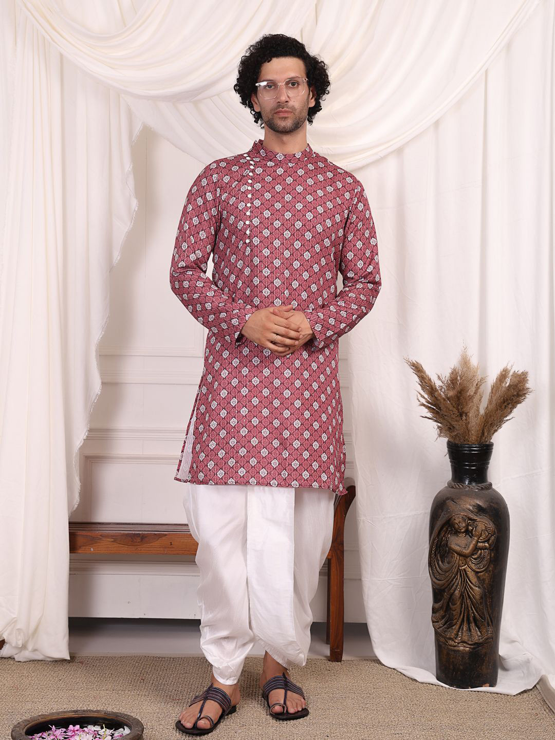 MIDAV Men Floral Printed Block Print Festive Straight Kurta