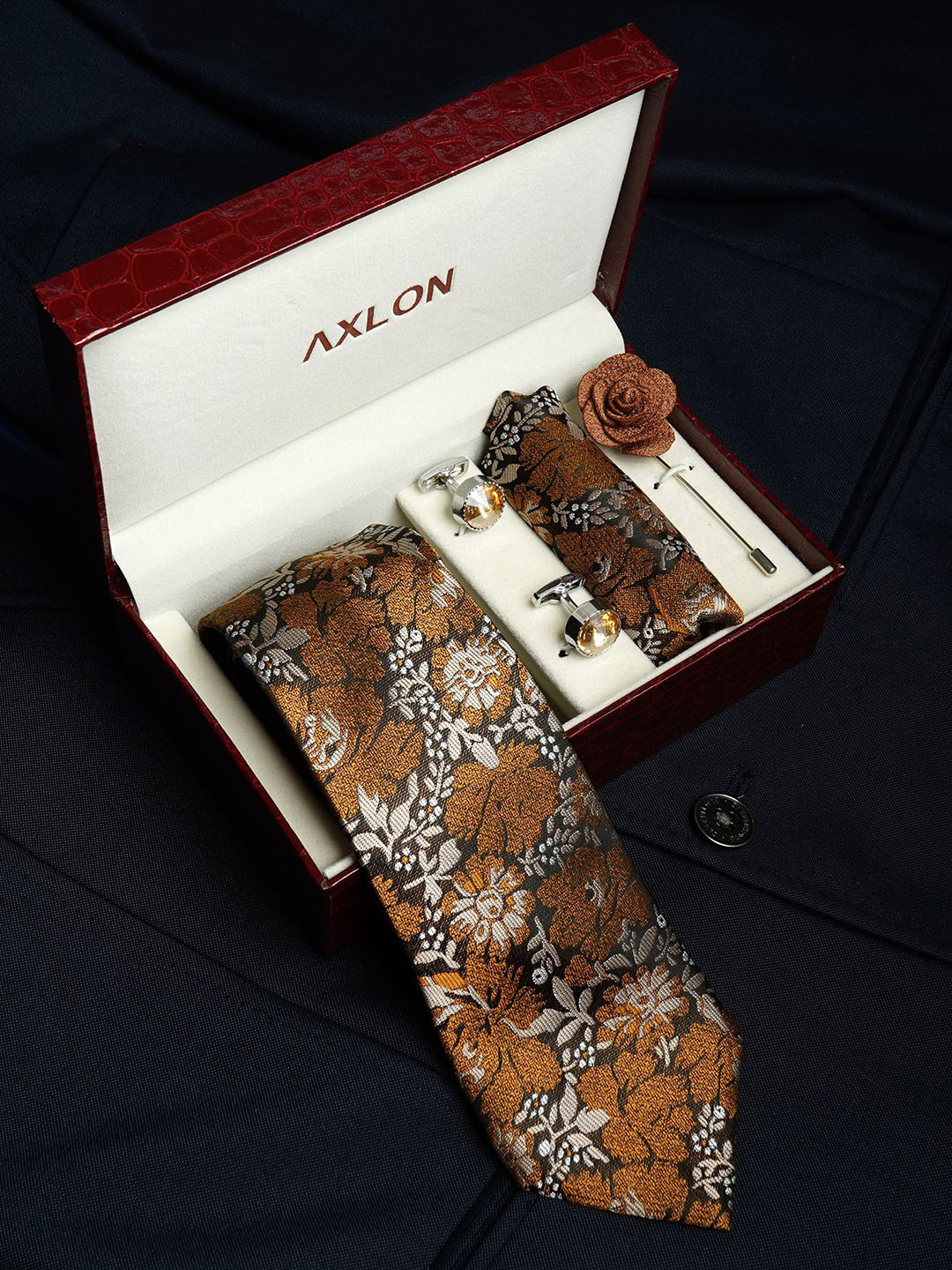 Axlon Men Mulberry Floral Tie, Cufflinks, Flower Pin & Pocket Square Accessory Gift Set