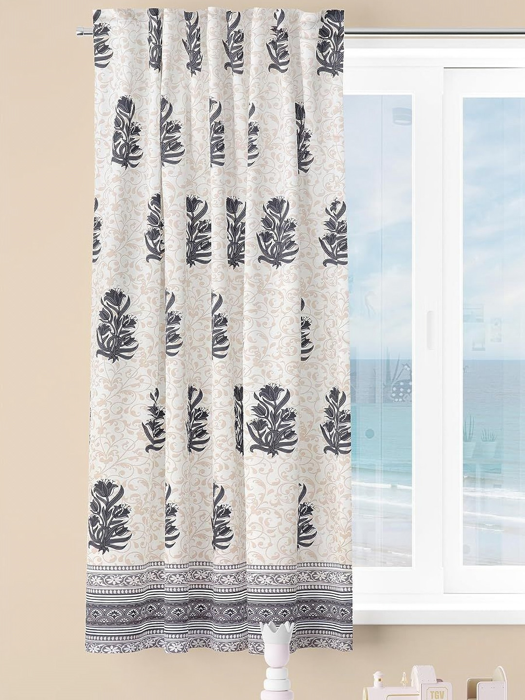AAZEEM Softscape Series White And Black 2 Pieces Floral Printed Velvet Window Curtain