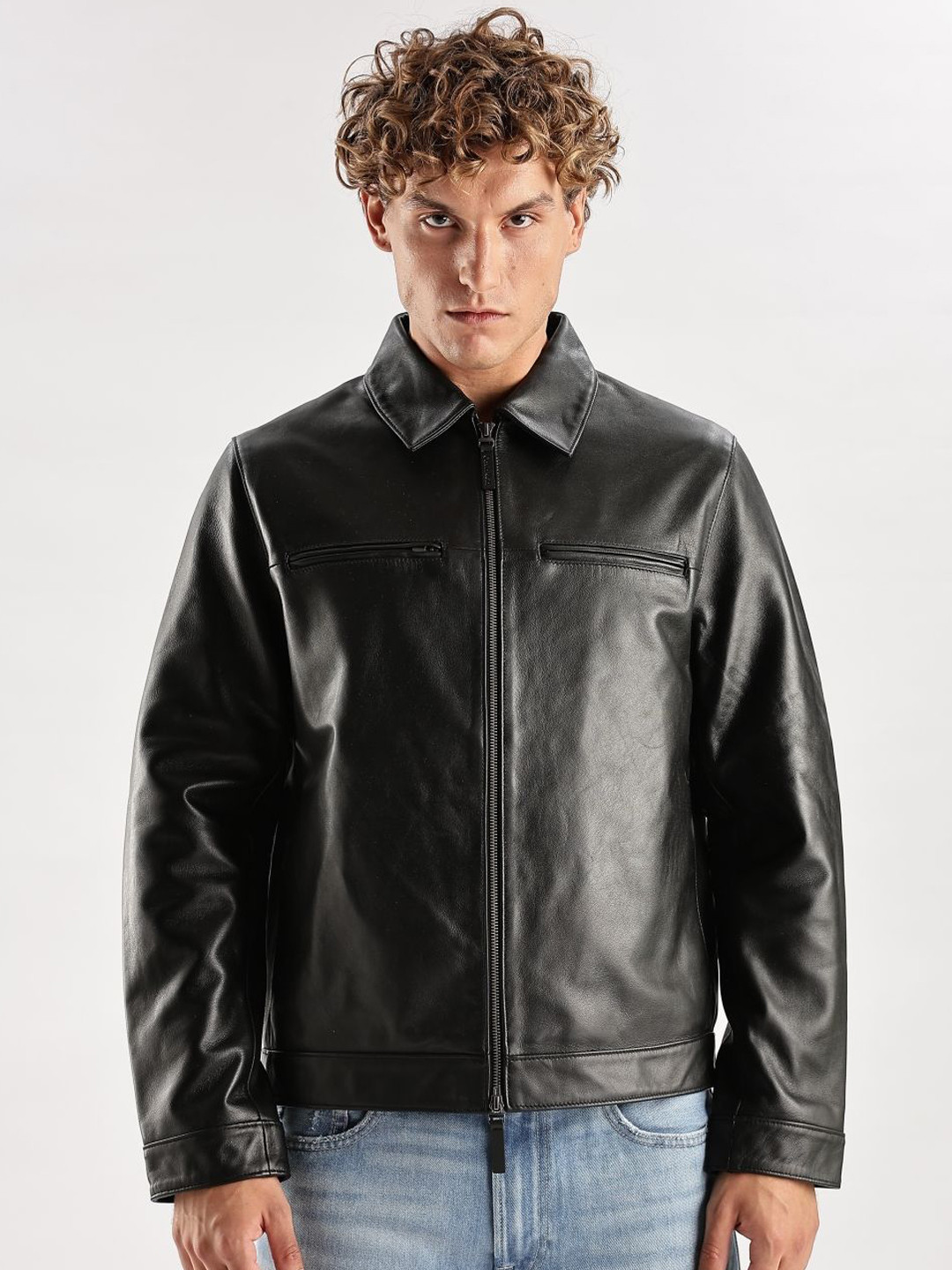 Calvin Klein Jeans Spread Collar Leather Jacket