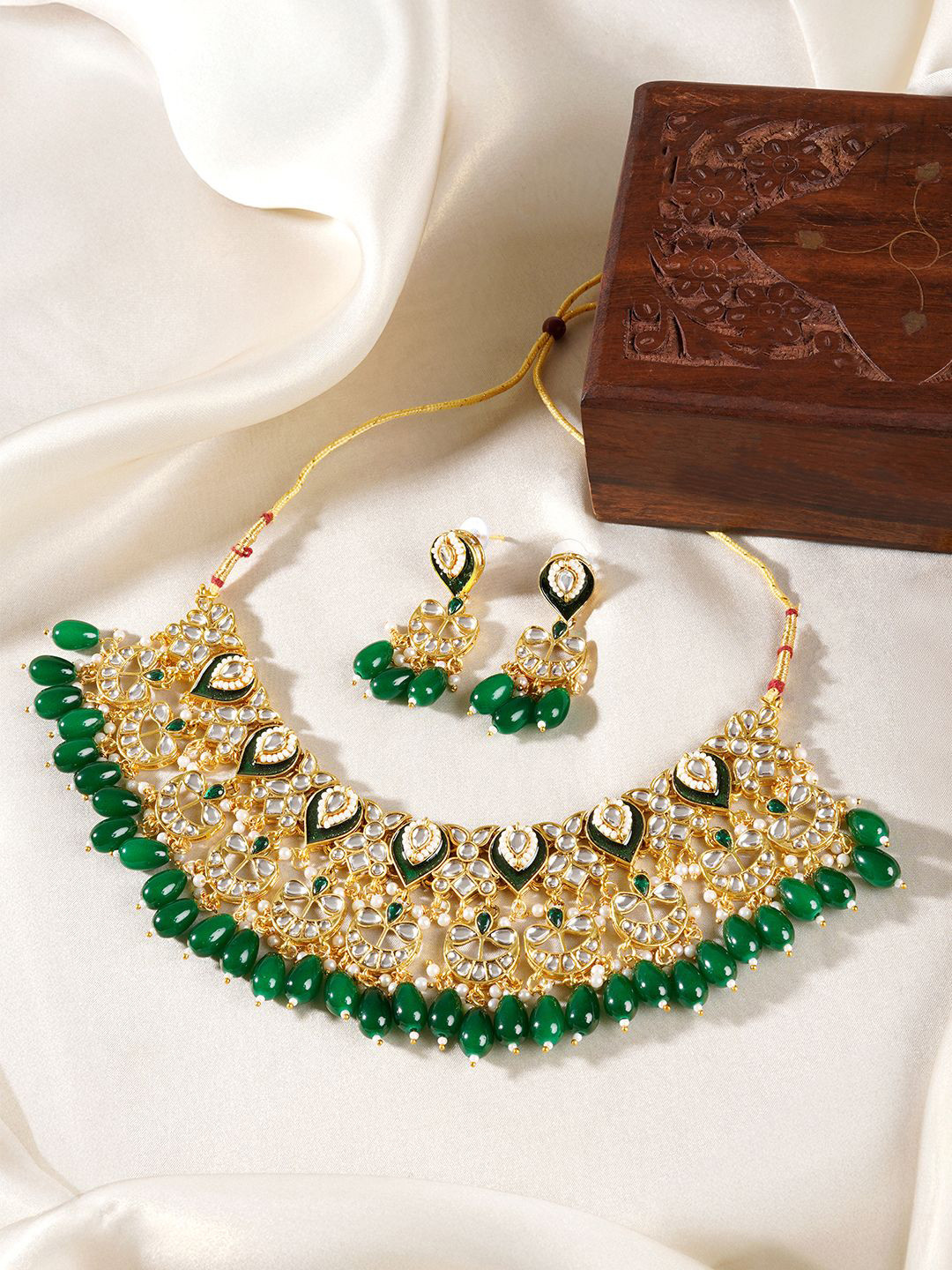TEEJH Gold-Plated Sumana Green Stone-Studded & Beaded Jewellery Set