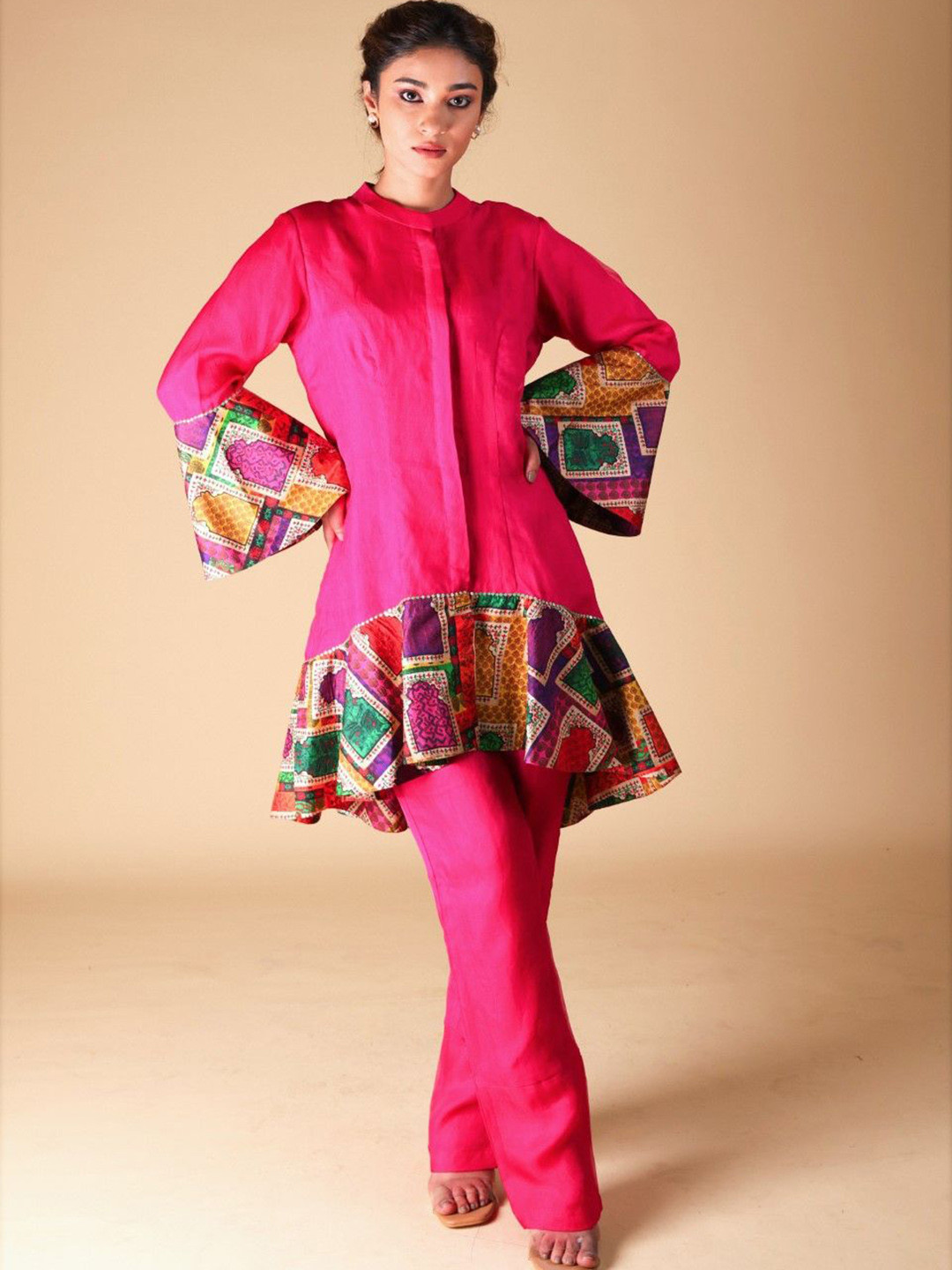 THETAA Printed Mandarin Collar Neck Tunic With Trousers Organza Co-Ords