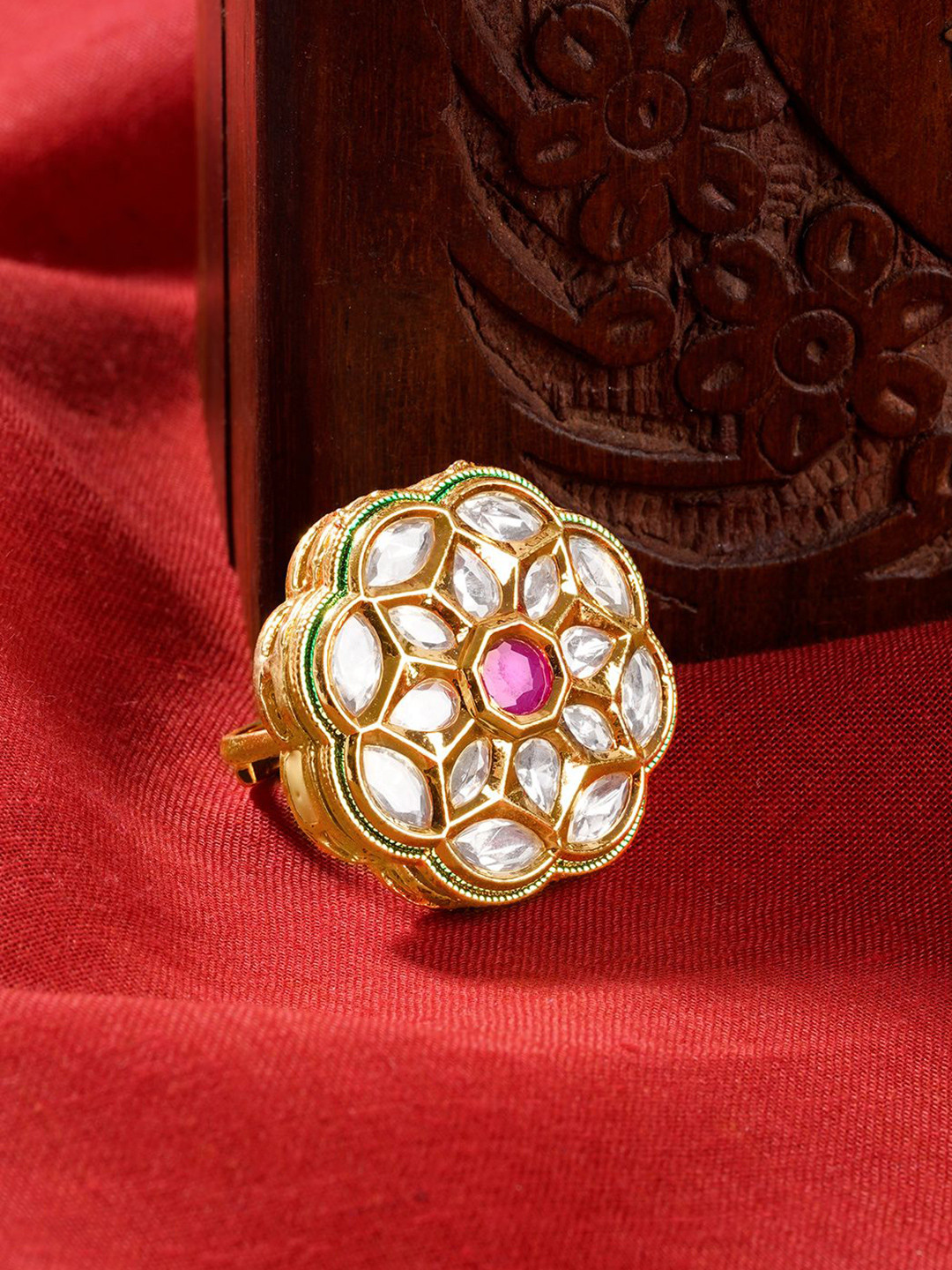 TEEJH Gold-Plated Yasu Red Stone-Studded Finger Ring