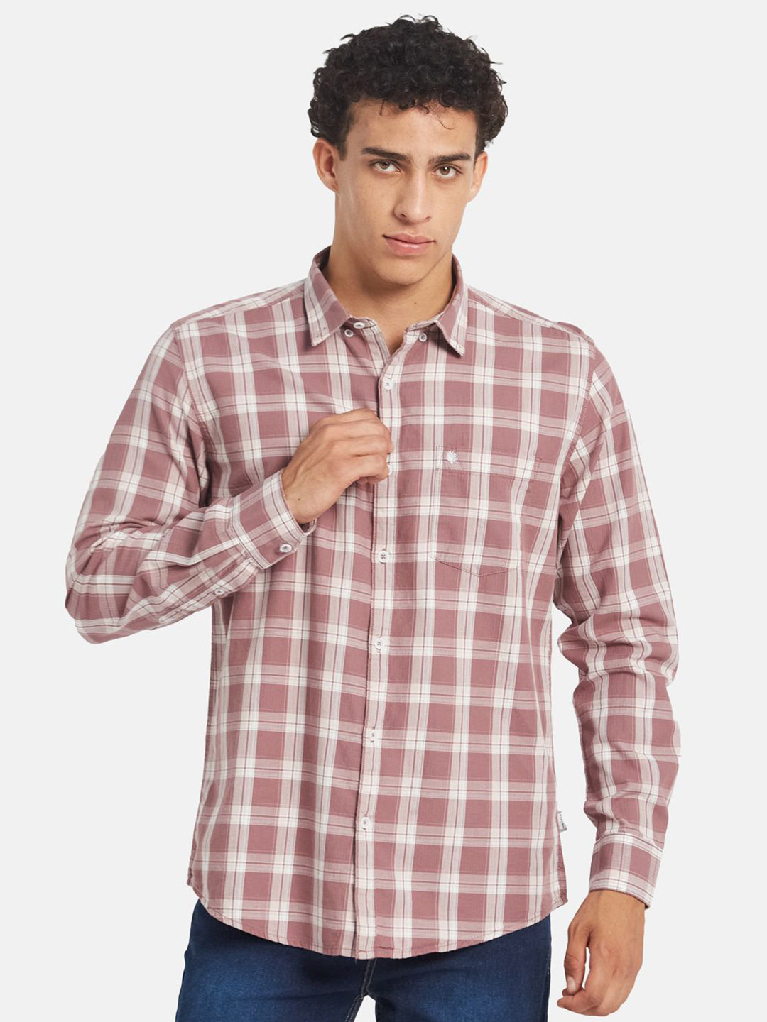 METTLE Windowpane Checkes Spread Collar Cotton Opaque Regular Fit Casual Shirt