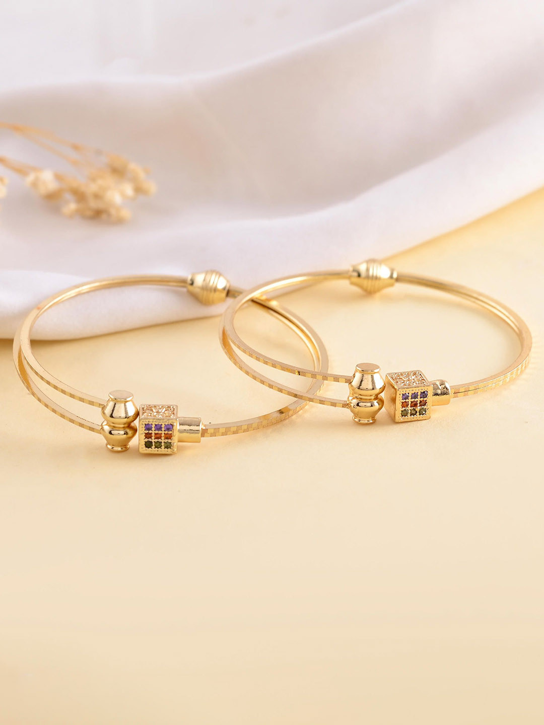 DIVASTRI Set Of 2 Gold Plated & Stones Studded Square Shaped Bangles
