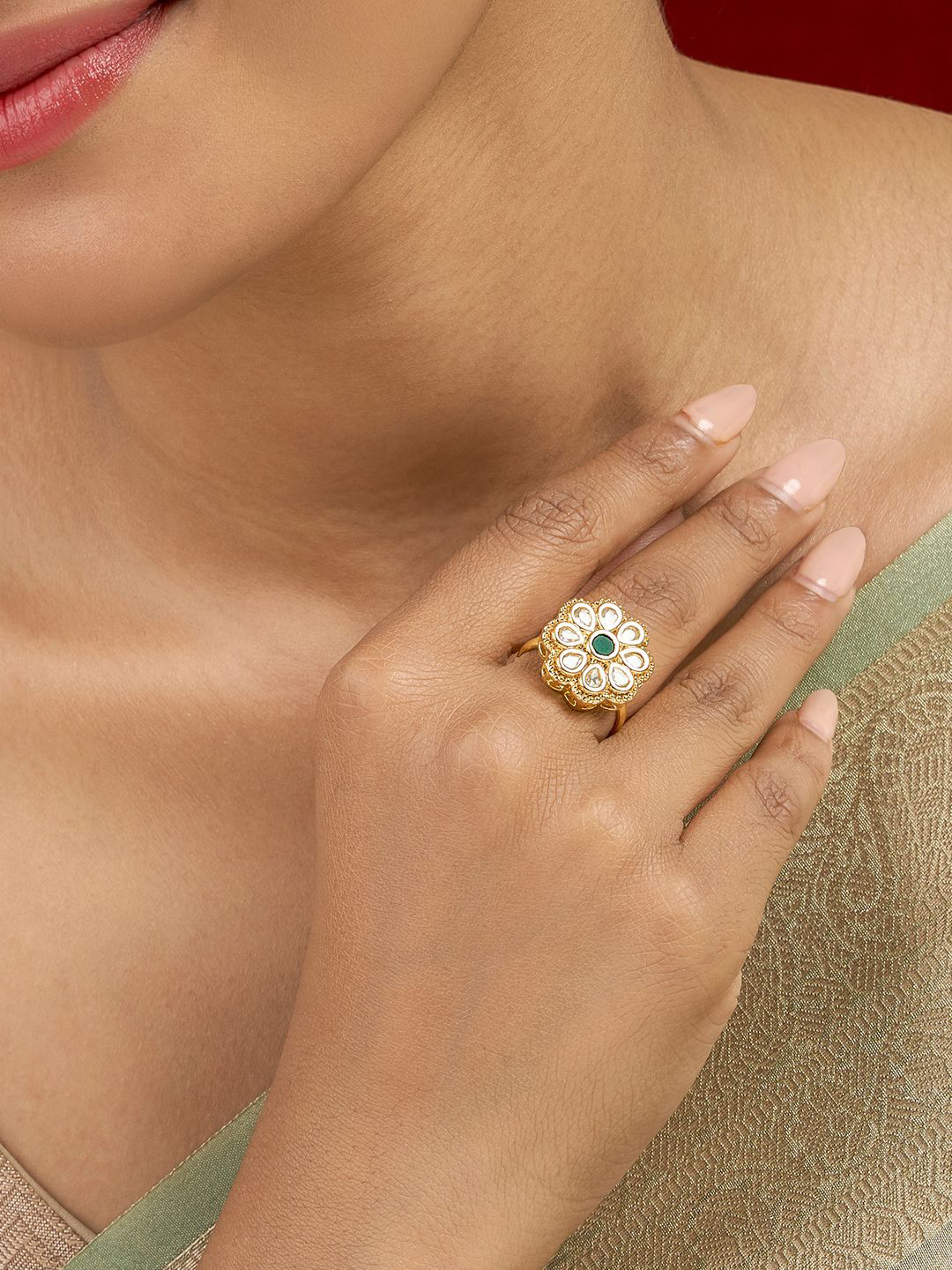 TEEJH Gold-Plated Stone-Studded Priyalie Finger Ring