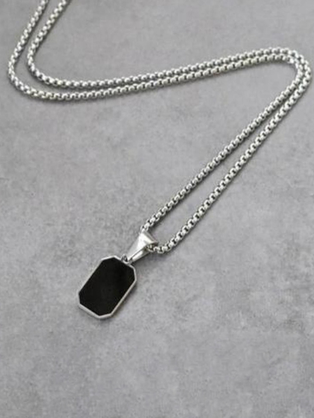 RSPR Men Black Silver Chain Geometric Stainless Steel Black Silver Locket Pendant