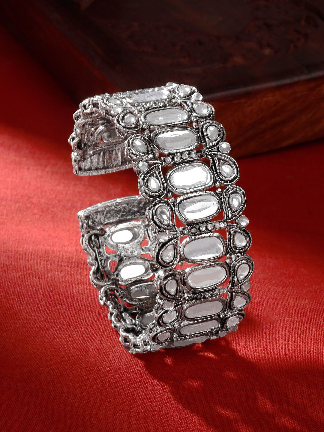 TEEJH Kusumini Women Silver-Plated Artificial Stones Studded Cuff Bracelet