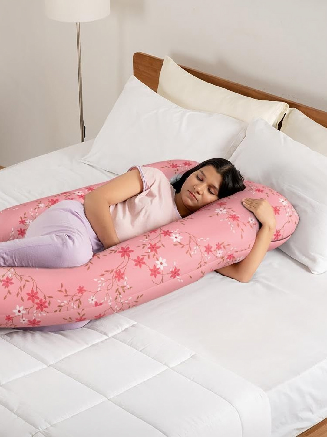 wakefit Pink & White Floral Printed Fibre Filled Pure Cotton J Shaped Maternity Pillow