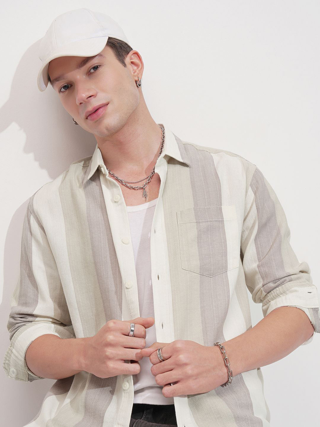 LOCOMOTIVE Dobby Textured Vertical Stripes Printed Spread Collar Cotton Casual Shirt