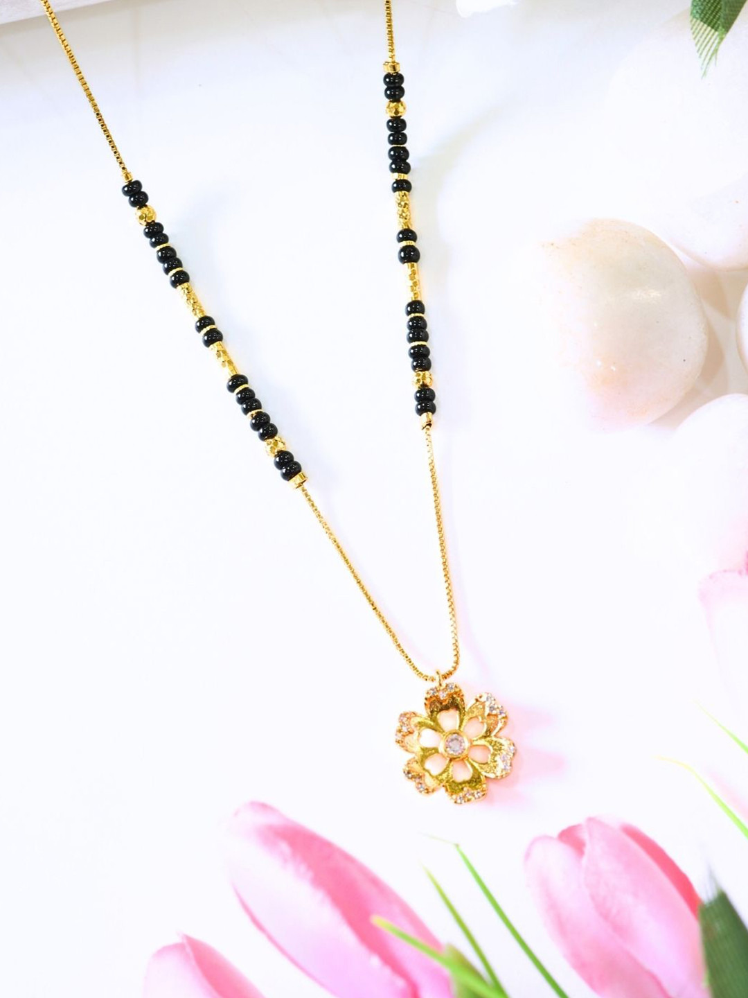 INC63 Gold-Plated Floral American Diamond-Studded & Beaded  Single-Layer Mangalsutra
