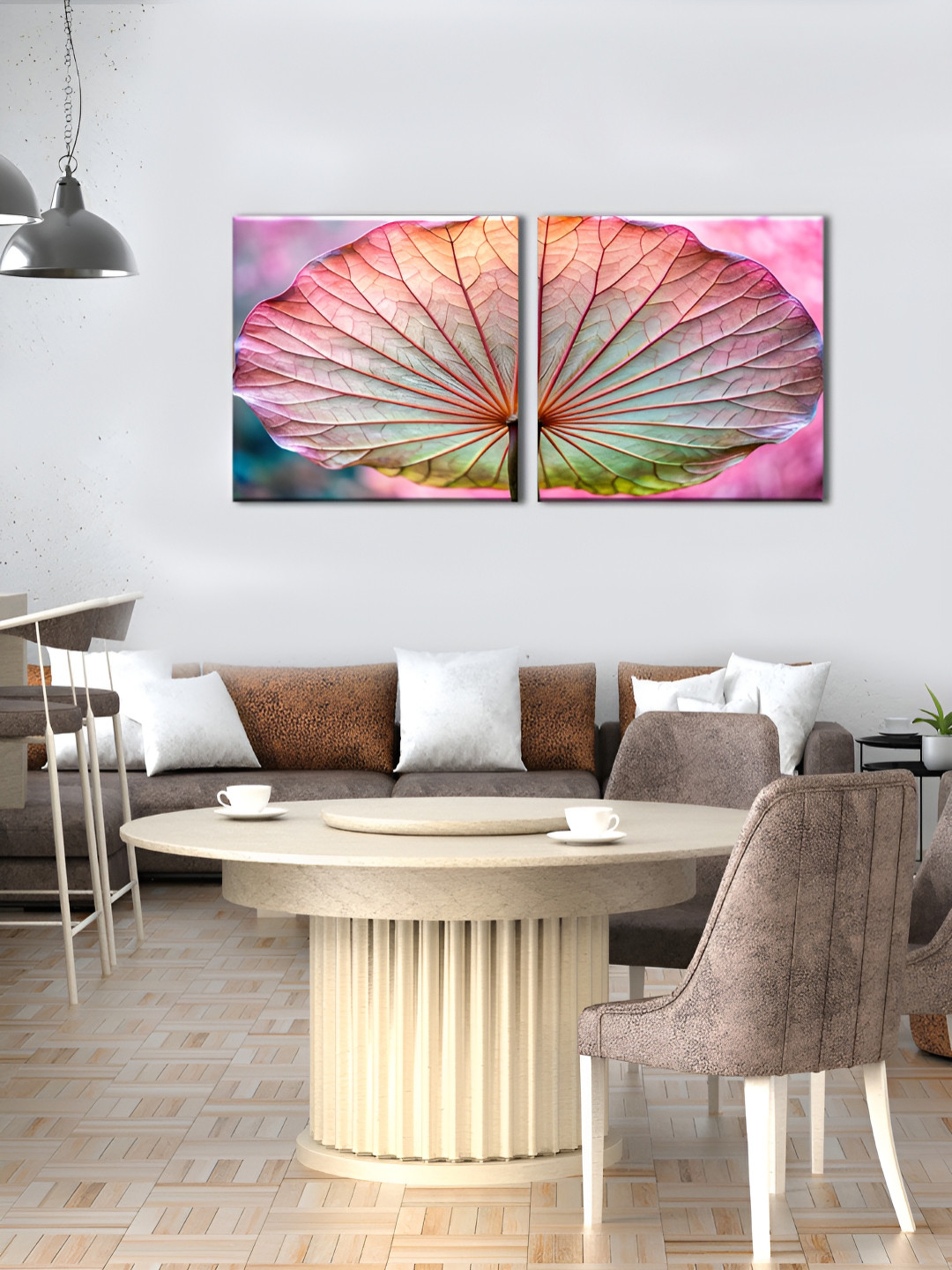 OLIVE TREE Pink & Green 2 Pieces Floral Wooden & Canvas Wall Arts