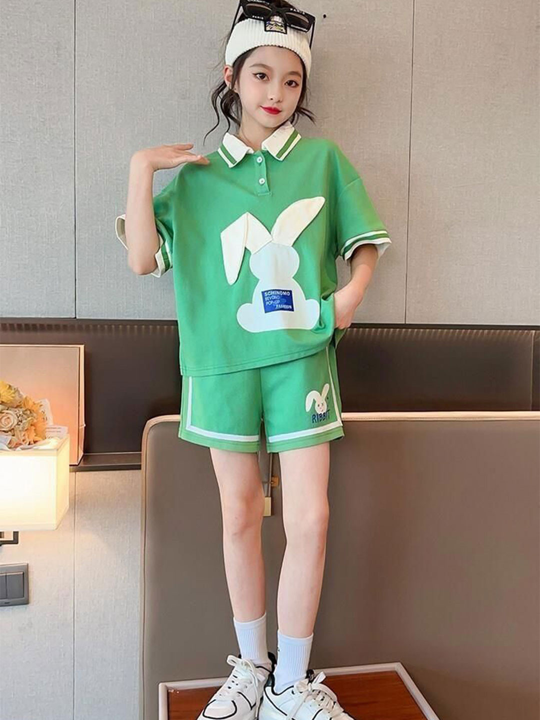 POP STREET KIDS Kids Bunny Ear Printed Polo Collar T-Shirt With Shorts