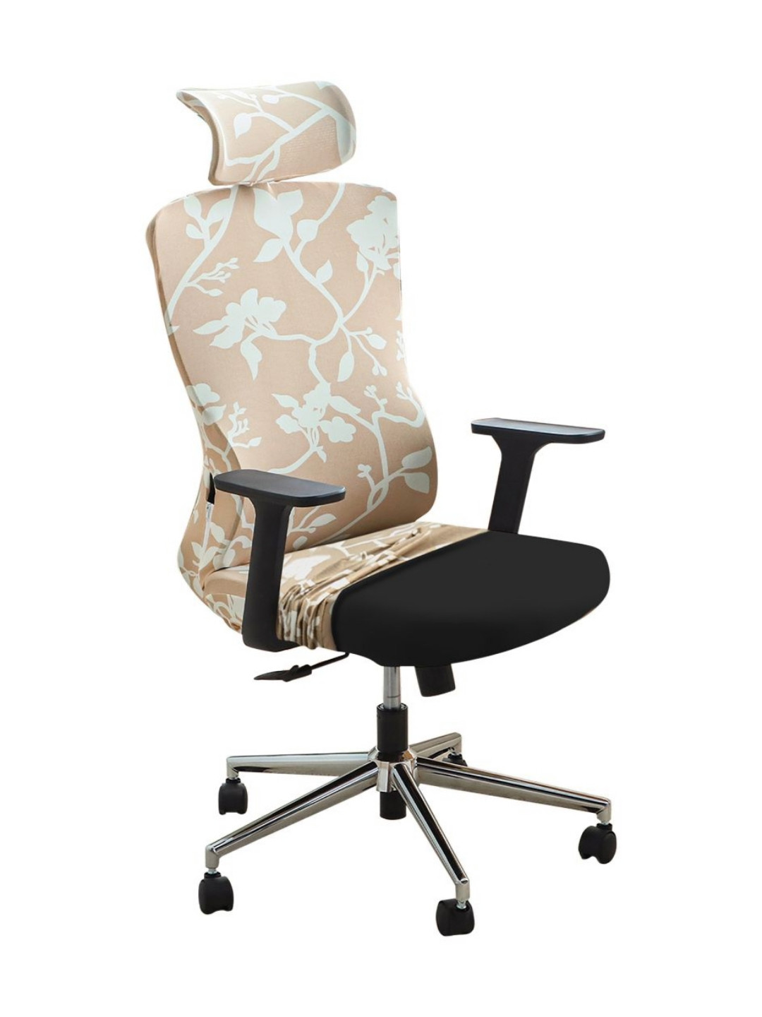 HOKIPO Brown & White Floral Printed Computer Rotated Chair Cover