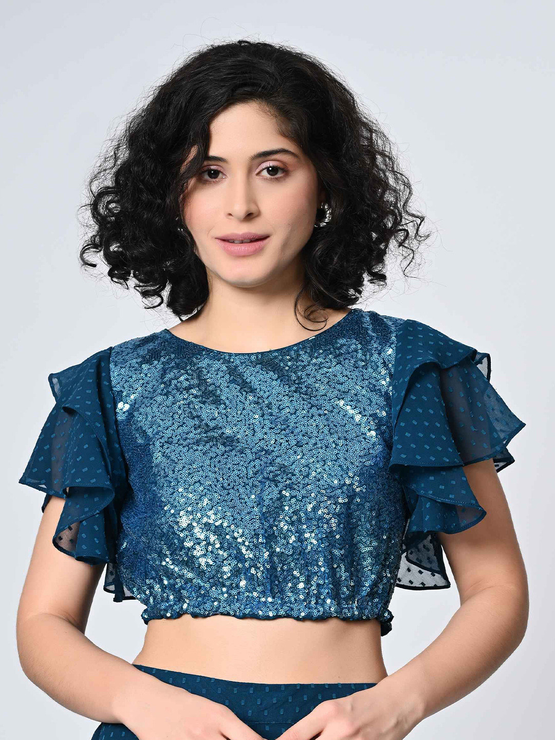 OTIRA Women Teal Embellished Crop Top with Flutter Sleeves