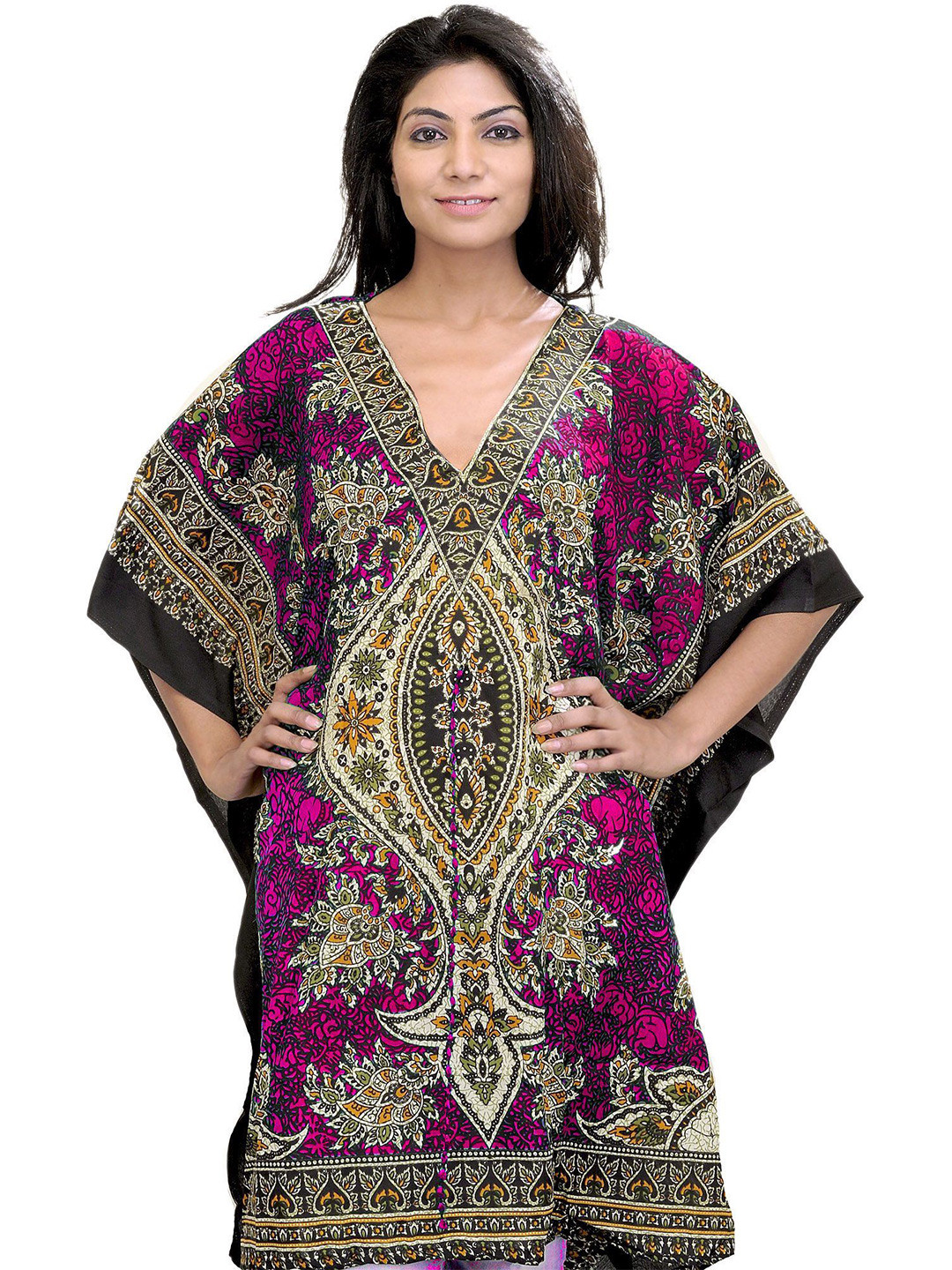 Exotic India Women Printed Short Boho Kaftan with Dori at Waist