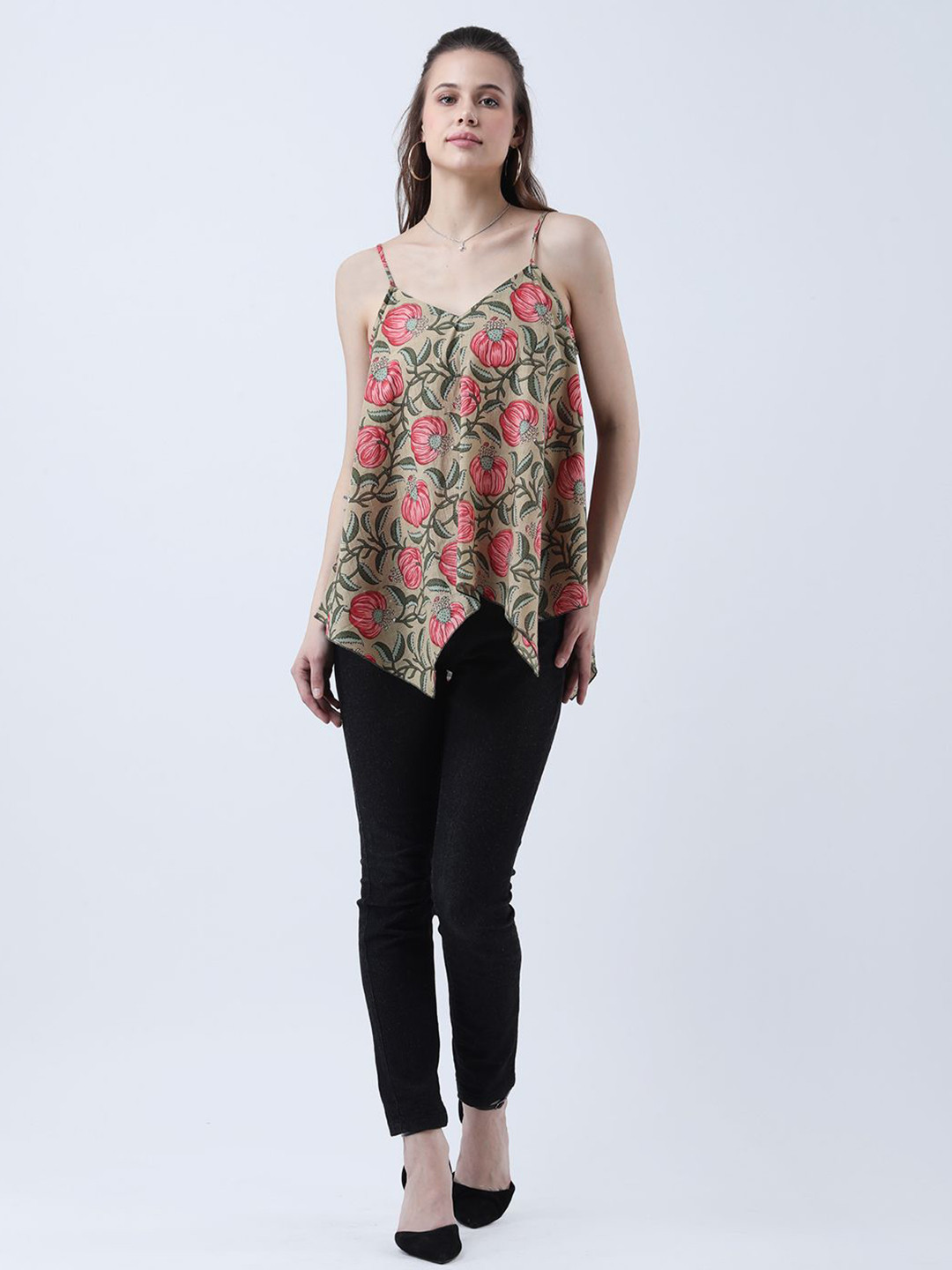Qurvii Floral Print Shoulder Straps Cotton Top