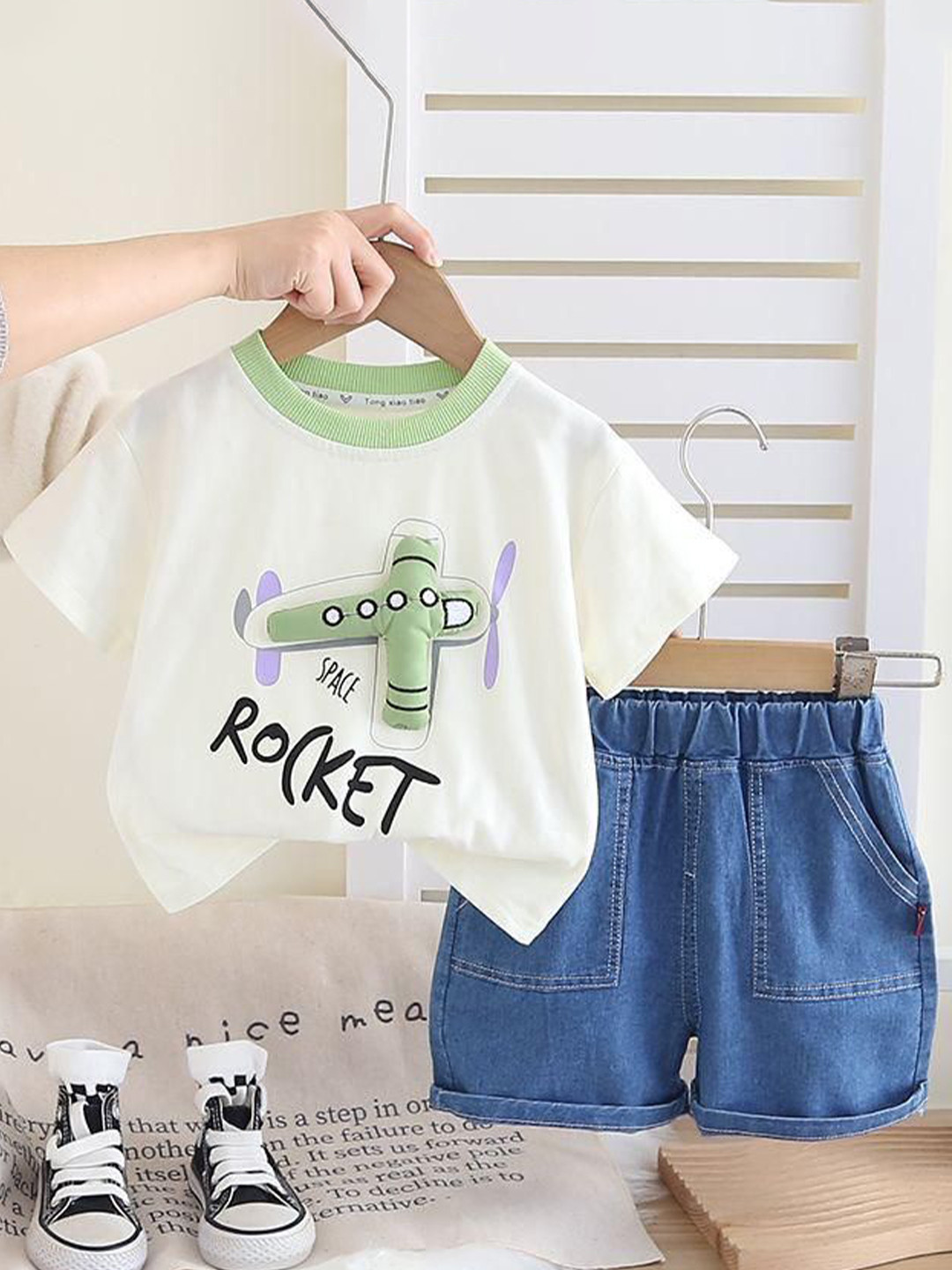 POP STREET KIDS Boys Space Rocket Printed Round Neck T-Shirt With Shorts